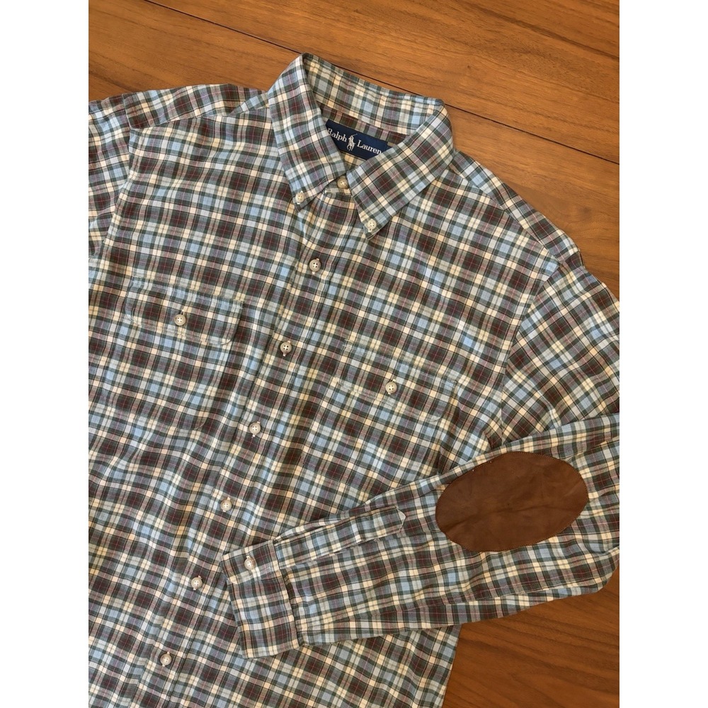 Vintage Polo Ralph Lauren Flannel Work Shirt Mens L Plaid Suede Elbow Patch 90s